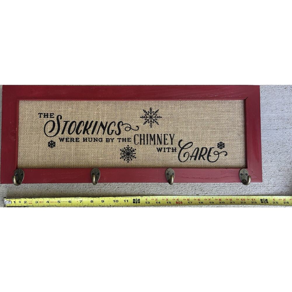 Wall Mounted Christmas Stocking Hanger Red Burlap Snowflakes Vintage Decor